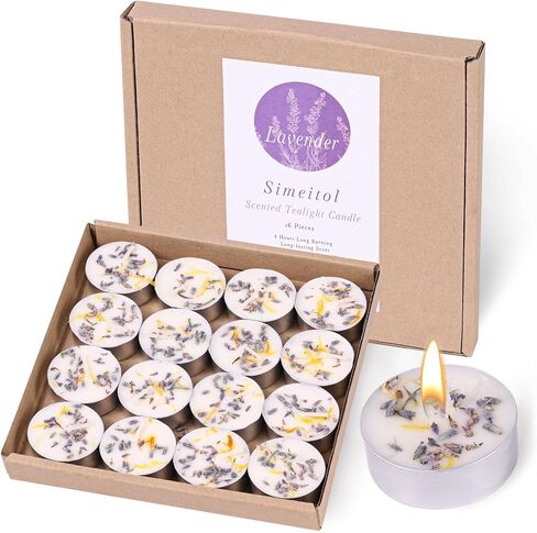 Lavender Scented Tealight Candles 16 Pack - 4-Hour Palm Wax White Tea Lights, Plant Dried Flower Scented Tea Candle (Paraffin-Free), Votive Candles for Home/Yoga/Bath/Meditation in Kuwait