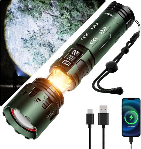 SKYFIRE Rechargeable Flashlights 10000 Real High Lumens with Ignition Lens, LED Super Bright Zoomable Flash Light, 5 Modes Waterproof Handheld Powerful Tactical Flashlight for Emergency Camping Hiking in Saudi Arabia