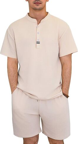 VahRuta Mens 2025 Summer Outfits Henley Shirt and Short Sets 2 Piece Sets Comfy and Soft Vacation Pajamas Set in Saudi Arabia