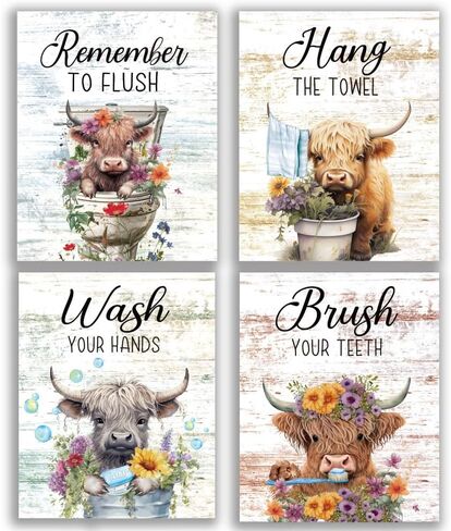 Highland Cow Wall Art Set of 4(8"x10") Unframed, Rustic Bathroom Decor Funny Signs for Toilet Decorations in Saudi Arabia