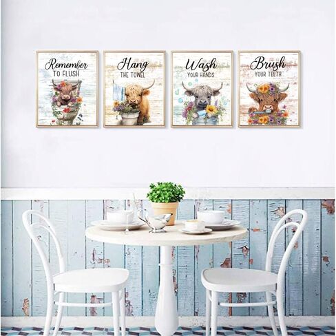 Highland Cow Wall Art Set of 4(8"x10") Unframed, Rustic Bathroom Decor Funny Signs for Toilet Decorations in Saudi Arabia