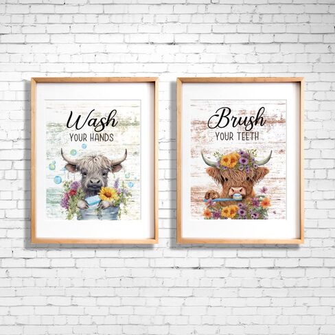 Highland Cow Wall Art Set of 4(8"x10") Unframed, Rustic Bathroom Decor Funny Signs for Toilet Decorations in Saudi Arabia