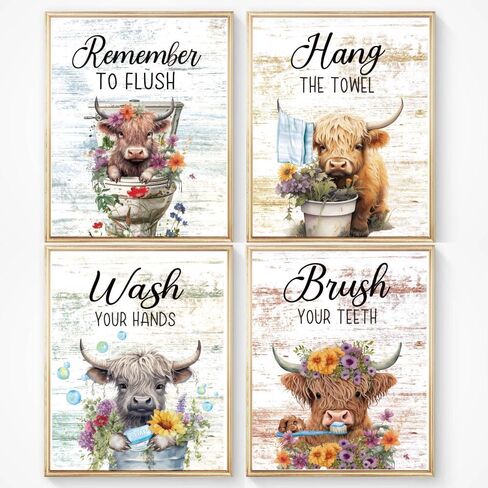 Highland Cow Wall Art Set of 4(8"x10") Unframed, Rustic Bathroom Decor Funny Signs for Toilet Decorations in Saudi Arabia