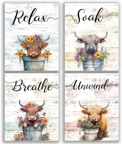 Highland Cow Wall Art Set of 4(8"x10") Unframed, Rustic Bathroom Decor Funny Signs for Toilet Decorations in Saudi Arabia