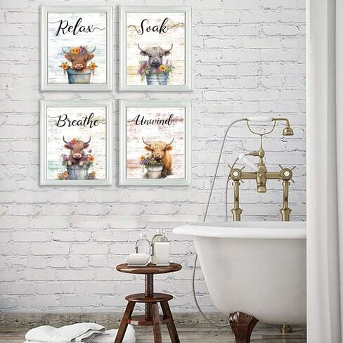 Highland Cow Wall Art Set of 4(8"x10") Unframed, Rustic Bathroom Decor Funny Signs for Toilet Decorations in Saudi Arabia