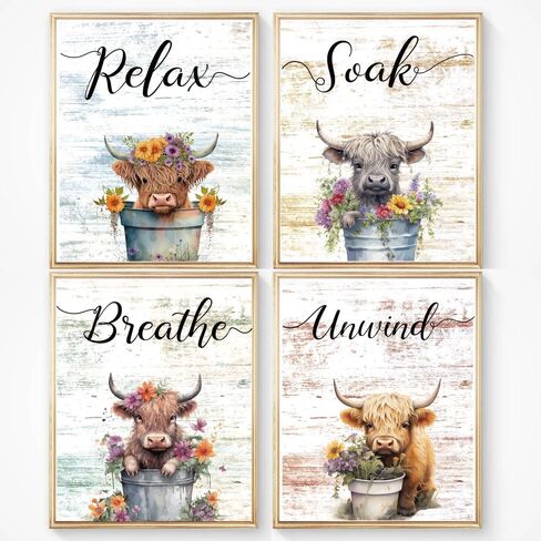 Highland Cow Wall Art Set of 4(8"x10") Unframed, Rustic Bathroom Decor Funny Signs for Toilet Decorations in Saudi Arabia