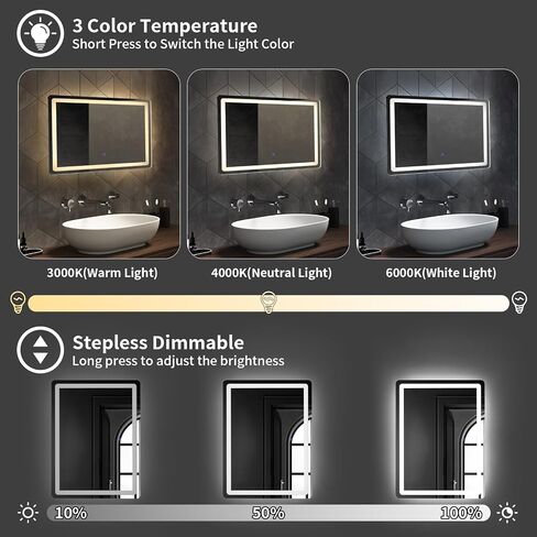 24x32 Inch LED Bathroom Mirror, Dimmable Bathroom Mirror with Lights, Backlit & Front Lit, 3-Color Led Mirror for Bathroom, Memory Function, Shatterproof Tempered Glass in Saudi Arabia