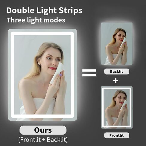 24x32 Inch LED Bathroom Mirror, Dimmable Bathroom Mirror with Lights, Backlit & Front Lit, 3-Color Led Mirror for Bathroom, Memory Function, Shatterproof Tempered Glass in Saudi Arabia