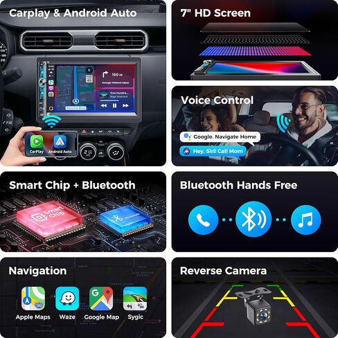 ستيريو مزدوج سيارة مزدوج DIN مع Apple Carplay & Android Auto ، Bluetooth ، 240W ، SWC ، SPOTWOOFER OUT ، LINK MIRROR ، USB-C/AUX/TF ، FM/AM CAR RADION in Kuwait