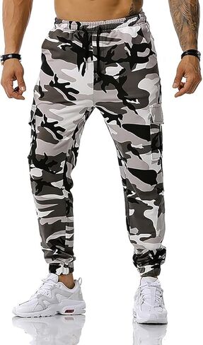 LMYOVE Men Camo Gym Joggers Cargo Sweatpants Drawstring Multi-Pocket Running Trousers Combat Camouflage Work Pants in Kuwait