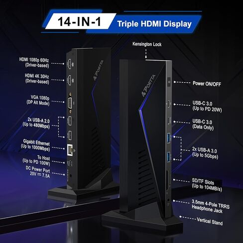Portta 14 في 1 محطة الإرساء ، مراقبة ثلاثية تصل إلى 4K 60 W/150W محول الطاقة ، HDMI X3 ، USB X6 ، RJ45 ، SD/TF ، 100W PD ، الصوت/الميكروفون ، متوافق مع MacOS/Windows SST/MST ، سائق مطلوب in Kuwait
