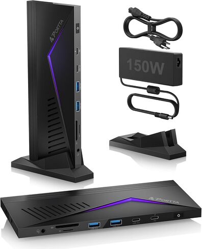 PORTTA 14 in 1 Docking Station Triple Monitor up to 4K 60 w/ 150W Power Adapter, HDMI x3, USB x6, RJ45, SD/TF, 100W PD, Audio/Mic, Compatible with macOS/Windows SST/MST, Driver Required in Kuwait