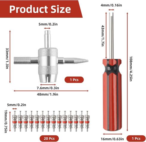 2 Pcs Tire Valve Core Remover Tool Kit with 20 Pcs Brass Valve Stem Cores, 4-Way Valve Stem Core Tool & Single Head Valve Core Remover and Installer for Car, Bike, Motorcycle Tires in Saudi Arabia