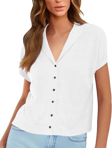 Sunborui Women's Summer Doubled Collar Blouses Wide Placket Button Shirts Turned Back Short Sleeve Tops in Kuwait