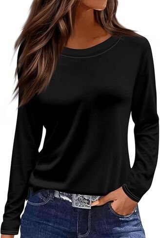 Womens Fall Fashion Long Sleeve Tops Casual Round Neck Shirts Loose Fit Print Tunic Tops for Leggings in Saudi Arabia