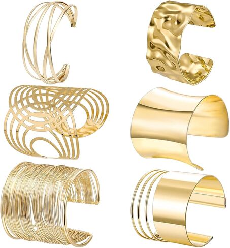 NEWITIN 6 Pieces Gold Chunky Cuff Bracelets for Women Open Wide Wire Bracelet Irregular Bangle Bracelets Thick Arm Cuff Statement Punk Bracelets for Women in Kuwait