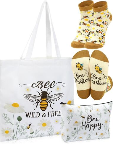 3 PCS BEE HOMEDES FOR Women Funny Beabe Canvas حقيبة مع حقيبة مكياج سحاب وجوارب in Saudi Arabia