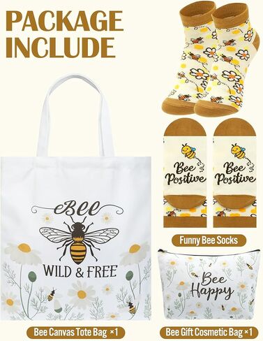 3 PCS BEE HOMEDES FOR Women Funny Beabe Canvas حقيبة مع حقيبة مكياج سحاب وجوارب in Saudi Arabia