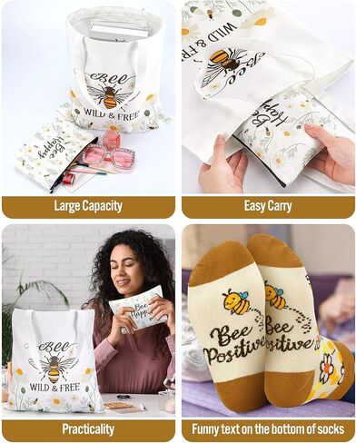 3 PCS BEE HOMEDES FOR Women Funny Beabe Canvas حقيبة مع حقيبة مكياج سحاب وجوارب in Saudi Arabia
