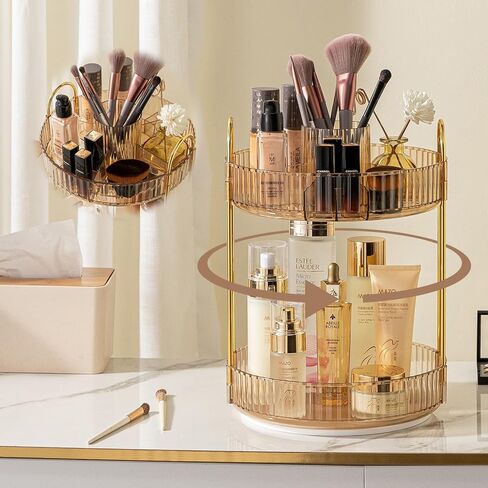 Rotating Makeup Organizer for Vanity, High-Capacity Skincare Clear Make Up Storage Perfume Organizers Cosmetic Dresser Organizer Countertop 360 Spinning (Gold, New-2 Tier) in Saudi Arabia