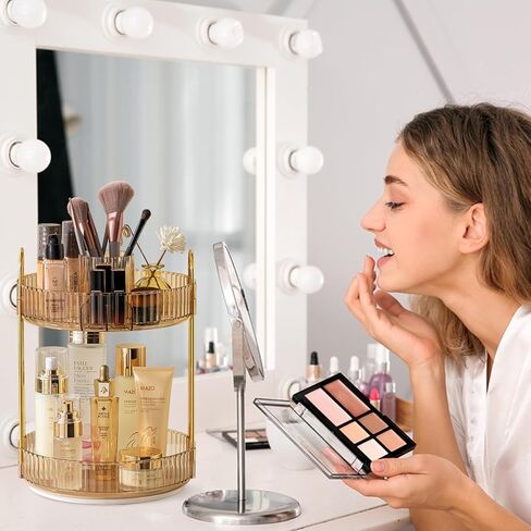 Rotating Makeup Organizer for Vanity, High-Capacity Skincare Clear Make Up Storage Perfume Organizers Cosmetic Dresser Organizer Countertop 360 Spinning (Gold, New-2 Tier) in Saudi Arabia
