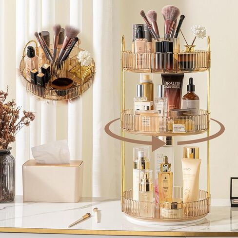 Rotating Makeup Organizer for Vanity, High-Capacity Skincare Clear Make Up Storage Perfume Organizers Cosmetic Dresser Organizer Countertop 360 Spinning (Gold, New-2 Tier) in Saudi Arabia