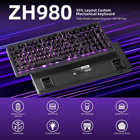 Zornher ZH980 لوحة مفاتيح الألعاب الميكانيكية اللاسلكية ، لوحة مفاتيح كريمية مخصصة بنسبة 95 ٪ مع لوحة أرقام ، تتألق من خلال مفاتيح IMD PBT ، المفاتيح الخطية المسبقة مسبقًا ، قابلة للتكوين الساخنة ، خلفية RGB ، 2.4 جيجا هرتز/USB-C/BT5.0 in Saudi Arabia