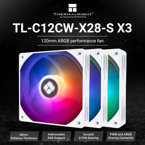 مروحة الهواء TL-C12C-X28-S X3 CPU Thermalright ، مروحة مبرد ArgB الصامتة ، سمك 28 مم ، حتى 1550 دورة في الدقيقة تبريد الكمبيوتر الشخصي ، لمبرد وحدة المعالجة المركزية والهيكل ، 3 عبوات in Kuwait