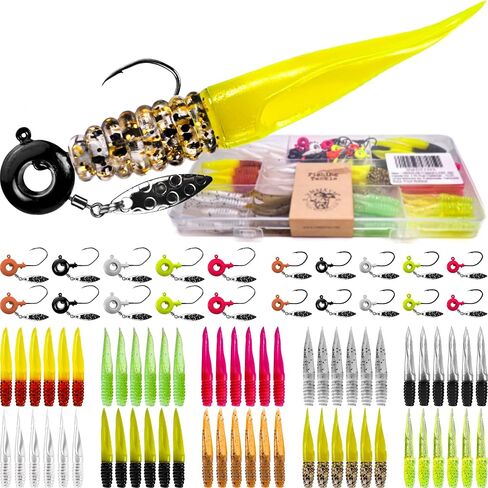 Crappie Lures Jigs Heads Kit, 110 Pcs Underspin Fishing Jig Heads Hooks Lures Swimbait with Crappie Baits Soft Plastic Split Tail Grub Shad Minnow for Freshwater Saltwater Bass Trout Walleye in Saudi Arabia