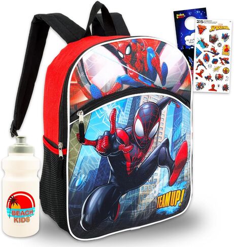 Spiderman Backpack Set - 5 Pc Bundle with 16" Spidey Bag, Water Bottle, Stickers, and More | Miles Morales Marvel Spiderverse School Supplies for Kids in Saudi Arabia