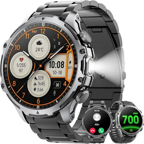Military Smart Watch for Men (Answer/Make Call), 1,85" HD Touch Screen 700mAh Large Battery Fitness Watch with Flashlight/Heart Rate/Sleep Monitor Fitness Tracker for iPhone & Android Black in Kuwait