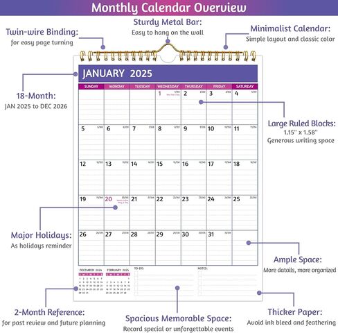 2025-2026 Wall Calendar – 18 Monthly Calendar 2025-2026, 8.5 x 11 In, Jul 2025 - Dec 2026, Small Calendar 2025 Vertical, Ruled Blocks, Thick Paper, Holidays, To-do ＆ Notes, Great for Planning in Kuwait