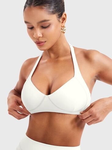 YEOREO Women Halter Sports Bra Light Support V Neck Padded Strappy Open Back Workout Gym Tops in Saudi Arabia