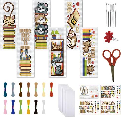 FreeBloss 6 Set Cross Stitch Lockmark Cross Cross Kit مع طقم تطريز للمناظر الطبيعية والقطط مع تعليمات مرجعية مرجعية للهدية الكبار 8'x2.4 '' ' in Kuwait