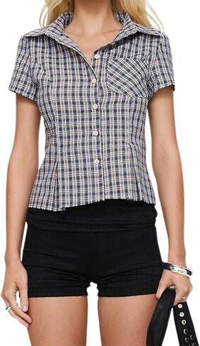 MXIQQPLTKY Y2K FIRY PLAID BLAND أسفل T ROMTS WONIST SLEEVE V الرقبة قمصان الجمالية الجمالية in Kuwait