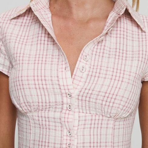 MXIQQPLTKY Y2K FIRY PLAID BLAND أسفل T ROMTS WONIST SLEEVE V الرقبة قمصان الجمالية الجمالية in Kuwait