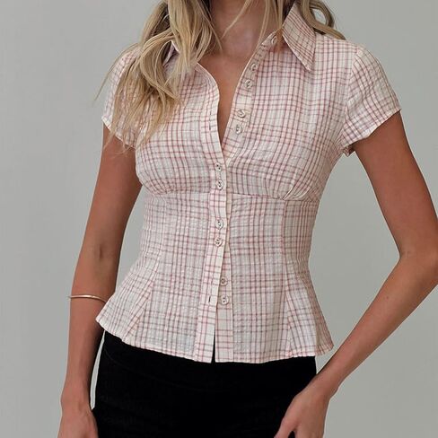 MXIQQPLTKY Y2K FIRY PLAID BLAND أسفل T ROMTS WONIST SLEEVE V الرقبة قمصان الجمالية الجمالية in Kuwait