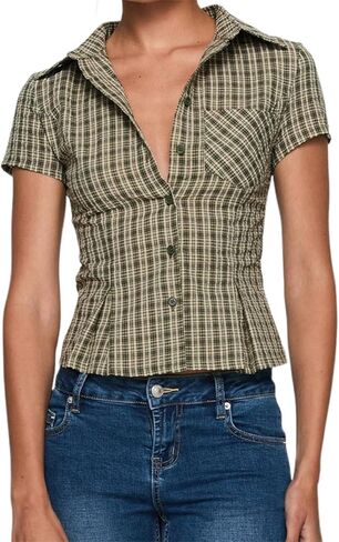 Mxiqqpltky Y2k Fairy Plaid Button Down T Shirts Women Short Sleeve V Neck Aesthetic Tee Shirts Slim Fit Gingham Crop Top in Kuwait