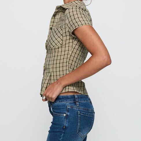 Mxiqqpltky Y2k Fairy Plaid Button Down T Shirts Women Short Sleeve V Neck Aesthetic Tee Shirts Slim Fit Gingham Crop Top in Kuwait