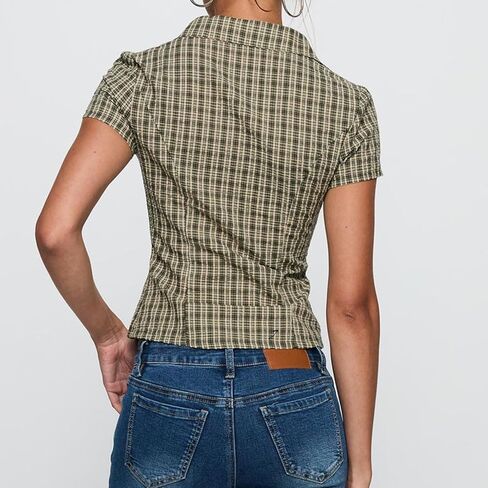 Mxiqqpltky Y2k Fairy Plaid Button Down T Shirts Women Short Sleeve V Neck Aesthetic Tee Shirts Slim Fit Gingham Crop Top in Kuwait