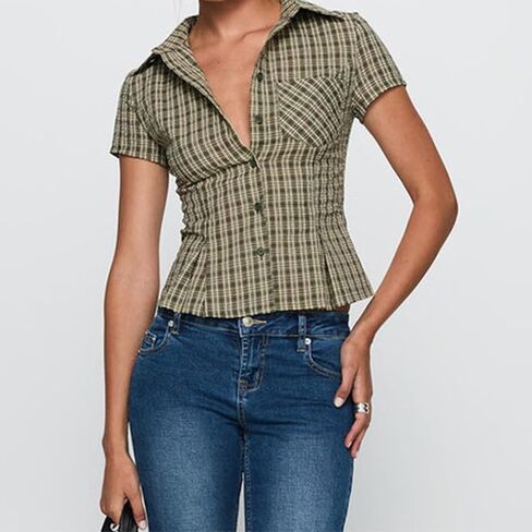 Mxiqqpltky Y2k Fairy Plaid Button Down T Shirts Women Short Sleeve V Neck Aesthetic Tee Shirts Slim Fit Gingham Crop Top in Kuwait