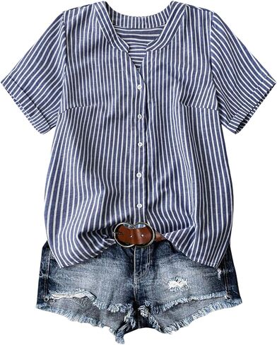 Soly Hux Women's Plus Butting Butting Button Down Dorncsed V الرقبة القصيرة القصيرة قمم بلوزة غير رسمية in Saudi Arabia