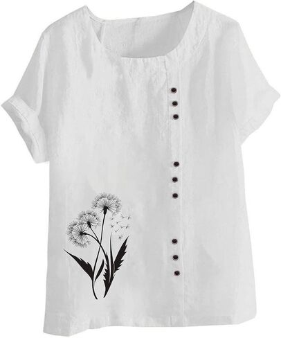 قمم بياضات القطن للسيدات 2025 Crewneck Roll Up Shirt Tshirt Tredy Floral Print Print Discal in Saudi Arabia
