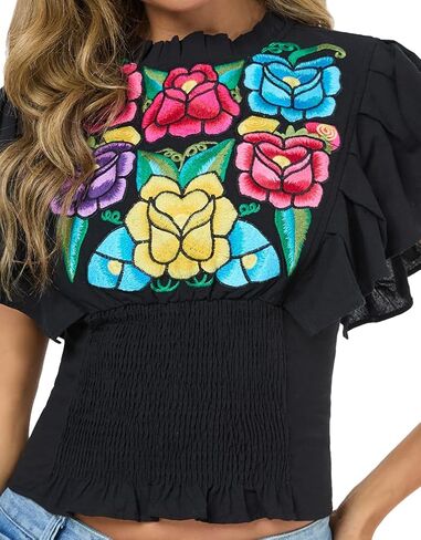 Women's Boho Shirts Floral Embroidered Ruffle Short Sleeve Frill Mock Neck Dressy Casual Summer Peasant Blouses Crop Tops in Kuwait