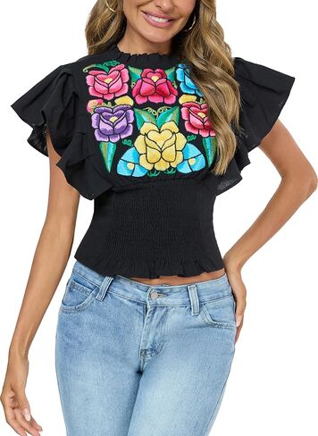 Women's Boho Shirts Floral Embroidered Ruffle Short Sleeve Frill Mock Neck Dressy Casual Summer Peasant Blouses Crop Tops in Kuwait
