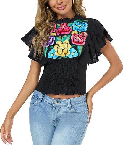 Women's Boho Shirts Floral Embroidered Ruffle Short Sleeve Frill Mock Neck Dressy Casual Summer Peasant Blouses Crop Tops in Kuwait