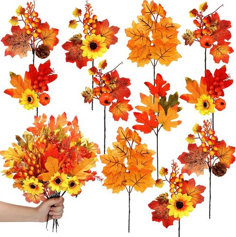 Ceenna 16 Pcs Artificial Fall Flowers Maple Leaves Floral Picks and Sprays with Pumpkins Sunflower Pine Cones Berries Stem for Harvest Wreath Thanksgiving Table Centerpiece Autumn Decoration in Saudi Arabia