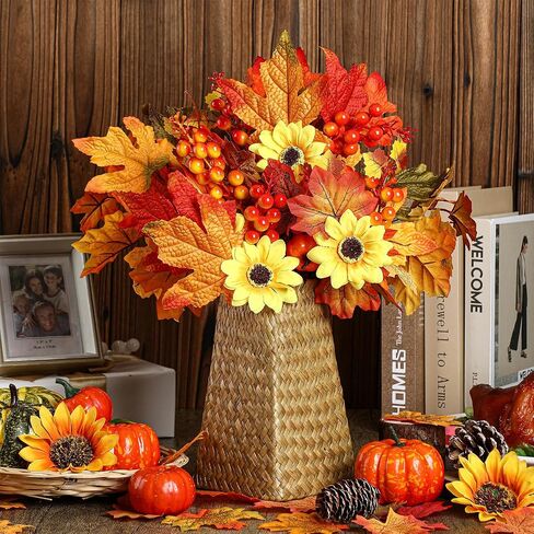 Ceenna 16 Pcs Artificial Fall Flowers Maple Leaves Floral Picks and Sprays with Pumpkins Sunflower Pine Cones Berries Stem for Harvest Wreath Thanksgiving Table Centerpiece Autumn Decoration in Saudi Arabia