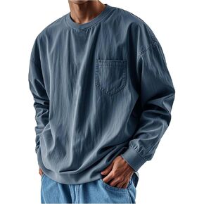 Long Sleeve Shirts for Men Casual Basic Crewneck Loose Fit Tops 2025 Fashion Oversized Classic T Shirts with Pocket in Saudi Arabia