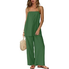 Yanekop Linen Sets for Women 2 Piece Pants Summer Outfits Matching Lounge Sets Spaghetti Strap Tank Top Pants Sets in Kuwait